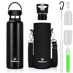 Philorn 1l Insulated Water Bottles with Straw and Sports Lid, Metal Thermal Water Bottle, Stainless Steel Vacuum Cold Drinks Bottle, Hot and Cold Flask Water Bottle Unbreakable (Black, 1000ml)