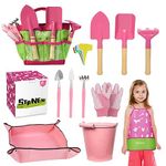 Stanew 21-Piece Kids Gardening Set - Pink Flower Garden Plant Growing Kit with Hand Tools, Apron, Tote Bag, Garden Gloves, Bucket, Labels - Gift for Boys and Girls, Toddler Gardening Tools