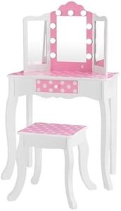 Teamson Kids Gisele Polka Dot Kids Vanity Set with LED Illuminated Mirror, Storage Drawer and Matching Stool, White/Pink
