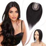 Elailite Hair Topper for Women Human Hair Thinning Hair - 100% Real Hair Extensions Clip in Toupee MIDDLE SILK BASE Crown Hair Piece (#1B Natural Black, 18 Inch)