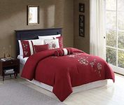 Chezmoi Collection 7-Piece Red Floral Hibiscus Embroidery Beige Comforter Bedding Set (Queen)