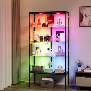 Stacked Glass Display Cabinet with 3 RGB LED Light,15 Colours,5mm Tempered Glass 4 Shelve 2 Doors, Standing Show Case Cupboard Clear Display Shelf Home Storage Cabinet for Bedroom, Living Room