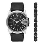 Diesel Watch for Men Master Chief, Three Hand Date Movement, 45 mm Silver Stainless Steel Case with a Leather Strap, DZ1907