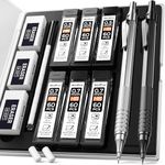 Nicpro 2 PCS Mechanical Pencils 0.5mm & 0.7 mm with Case, MP1000 Metal Artist Pencil Set with 6 Tubes HB Lead Refills, 3 Erasers, 9 Eraser Refills For Art Writing Drafting Drawing, Black & Silver