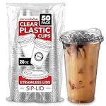 20 oz Clear Plastic Cups with Lids Disposable, Togo Drinking Cup with Strawless Sip Lid for Smoothie, Cold Brew Iced Coffee, Lemonade, Ice Latte, Boba, Party Drinks, Bulk, 20 Ounce (Set of 50)