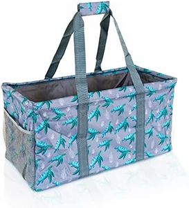 Lucazzi Extra Large Utility Tote Bag - Oversized Collapsible Reusable Wire Frame Rectangular Canvas Basket With Two Exterior Pockets For Beach, Pool, Laundry, Car Trunk, Storage - Turtle