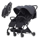 Double Buggy Pushchair Pram, Double Strollers for Baby and Toddler, Double Convertible Pram Adjustable Height, Sun Hood for Twins or Siblings, Black