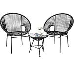 Tangkula 3 Piece Outdoor Patio Furniture Set, Acapulco Chair Set w/Plastic Rope, Tempered Glass Table, All Weather Patio Bistro Set for Patio, Lawn, Garden, Backyard (Black)