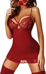 Pratiharye Garter Set Belt with Stockings Lingerie Set - Bikini Set - Plus Size - High Waisted - Sexy Lingerie for Women - Honeymoon Dress - Lace Babydoll Nighty Maroon