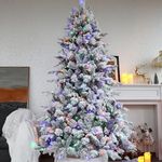 Asinse 7ft Pre-Lit Christmas Tree, White Snow Flocked Premium Artificial Spruce with 450 Multicolor LED Lights, PE+PVC+Pine Needles, Pine Cones, Hinged Branches, Metal Stand