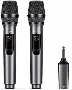 LEKATO Microphones sans Fil 2,4 GHz Doubles Microphones Rechargeables jusqu'à 30 Heures d'autonomie Ensemble de Microphones en métal pour karaoké Chant église, fête, Mariage