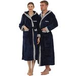 2pc His and Her Hooded Plush Robes with Custom Names - Personalized Couple Robes for Women & Men - Luxurious Spa Bathrobes - Navy