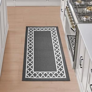 Nautica Runner Rug | Indoor Carpet for Entryway & Hallway Rug| Non-Slip and Non-Skid Entry and Kitchen Door Mat| Low Profile Floor Mat | 26" x 60"| Trellis Border Dark Grey and White