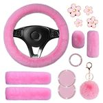 13 Pieces Fluffy Steering Wheel Cover Set, LUOYOYY Cute Fur Car Accessories Winter-Warm Furry Steering Wheel Cover Fashion Universal Car Accessories for Women Girls (Pink)