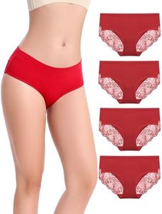 LIQQY Women's 4 Pack Cotton Mid Rise Pretty Lace Back Full Coverage Brief Panty Underwear (Red, Medium)