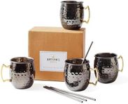 Artisan's Anvil Moscow Mule Mugs with Straws, Comfortable Brass Handle, Stainless Steel Made, Original Hammered Shape, Glossy Black Nickel Plated, Set of 4