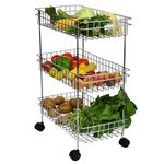 Wrolavi® Stainless Steel Basket with Wheels for Vegetable & Fruits, Jars Container Storage Rack Design Organizer Stand for Kitchen. (3 Shelf)