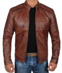 Decrum Leather Jacket Men - Cafe Racer Style Real Lambskin Leather Motorcycle Jackets, Austin Brown, Large