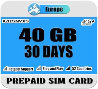 KAISNVXS Plug and Play Prepaid SIM Card for Europe Travel - EU 40GB Data SIM Card for 30 Days in 52 Countries, 5G/4G LTE High Speed Data Network, No Need Activation, Hotspot Support,Data Use Only