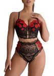 Xs and Os Women's Embroidered Padded Bra Panty Lingerie Set (Large, Black (red))