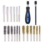 18 Pcs Bore Brush Drill Set, Mixiflor Twisted Stainless Steel Brass Nylon Bore Brush for Cleaning Rust, 1/4 Inch Hex Shank, with Handle, Extension Bar, Tool Bag