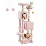 Feandrea Cat Tree, 61-Inch Cat Tower for Indoor Cats, Plush Multi-Level Cat Condo with 5 Scratching Posts, 2 Perches, 2 Caves, Hammock, 2 Pompoms, Jelly Pink UPCT192P01