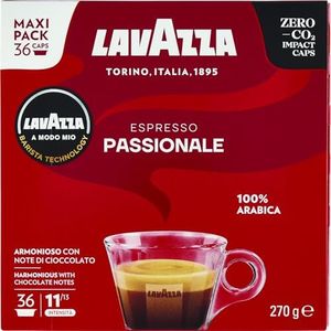 Lavazza A Modo Mio Espresso Passionale, 1 Paquete de 36 Cápsulas de Café, 100 % Arábica, Sabor Cálido y Acogedor, Intensidad 11/13, Tostado Oscuro, para un Espresso de 40ml