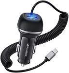 USB C Car Charger,SUNDAREE 51W 2-Port Fast Car Charger Adapter PD3.0 & QC3.0 Fast Charging with 5ft 33W Super Fast Charging Coiled Cable for Samsung Galaxy S22/21,Note20/10,iPhone