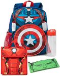 Marvel Boys Backpack Set | Kids 4 Piece Blue Rucksack Set with School Bag, Pencil Case, Lunch Bag & Water Bottle | Captain America, Iron Man & Hulk Avengers Matching Bundle | Back to School Gifts