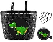 YeloYolker Kids Black Bike Basket with Bell, Cute Bicycle Front Handlebar Basket for Boys, Girls, Toddlers, Children, Portable Plastic Tricycle Basket for School, Outdoor, Cycling (Dino)