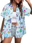 MYHALF Magic Kingdom Shirts for Women: Magical Castle Graphic Print Button Down Shirt Family Vacation Outfits, Blue, Large