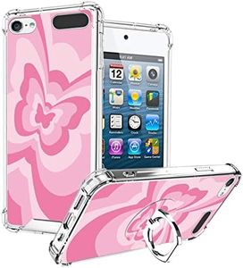 OOK Compatible with iPod Touch5/6/7 Generation Case Ring Holder for Girls Woman,Soft TPU Bumper PC Back Shockproof Protective Case-Pink Butterfly