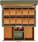 ROTHWELL 10-Slot Watch Box in Leather with Valet Drawer, Luxury Watch Case Display Organizer with Ultra Soft Microsuede Liner, Jewelry and Sunglass Holder With Large Glass top (Green/Tan)