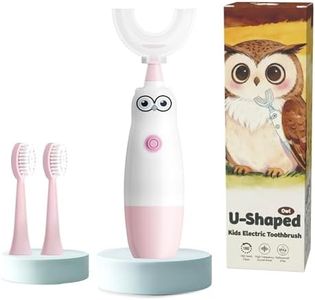 Hikid Kids Electric Toothbrush，360-Degree Sonic Vibration, IPX7 Waterproof,Toddler U Shaped Toothbrush with 2 Soft Brush Head,Cute Owl Design Baby Toothbrush for Ages 8–13（Pink）