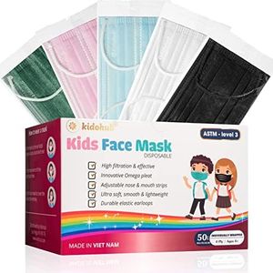 KIDOHUB FDA Registered ASTM Level 3, Kids 4 Ply Individually Wrapped Disposable Medical Face Mask, 50 pieces, Multicolor