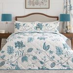 Dreams & Drapes Teal Blue Bedspread (200 x 230cm) - Turquoise Damask Bed Cover - White & Teal Blue Quilt - Floral Padded Blanket in Teal Blue - Traditional/Vintage Bedspread in Teal Blue