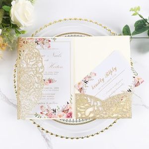 Maffily 25pcs Gold Glitter Laser Cut Wedding Invitations Card Pocket With Envelopes and Rsvp Cards Tri Fold Personalized Quinceanera Invitation Kit for Engagement Birthday Quinceanera Invite