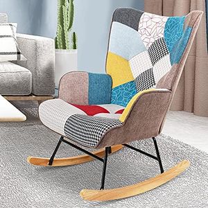 KGOPK Nursery Rocking Chair, Mid Century Upholstered Rocker Glider Chair High Back Armchair with Wood Legs and Patchwork Linen for Livingroom Bedroom