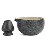 TEANAGOO Japanese Natural Rock Texture Matcha Chawan with Whisk Rest, 18 OZ. K17, Rocky-Black/Grey, Matcha Tea Bowl, Ceramic Bowl, Tea Bowls for Matcha