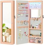 YITAHOME Mirror Jewelry Cabinet Wall Mounted Jewelry Cabinet, Door Hanging LED Jewelry Organizer with Full Length Mirror/Built-in Makeup Mirror/4 Drawers, Lockable Jewelry Armoires, Pinkish