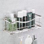 KINCMAX Shower Shelf - Self Adhesive Shower Caddy with 4 Hooks - No Drill Large Capacity Stainless Steel Rack - Aesthetic Organizer for Bathroom Wall Decor - Polished Silver