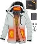 Women Puffer Graphene Heated Jacket Battery Pack Charger Ladies Electric Warming Coat USB Ski Heating Apparel Clothes Rain Snowboard Puffer Snow Insulated Softshell Warm Outerwear Suit Grey White