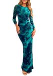 PRETTYGARDEN Women's Bodycon Maxi Dress Fall Fashion Long Sleeve Floral Print Tight Fitted Party Club Ruched Dresses (Print Lake Blue,Medium)