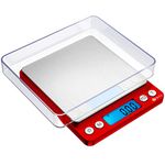 AMIR Digital Pocket Scales, 500g High-Precision Kitchen Scales, Stainless Steel Jewelry Scales with Back-Lit LCD Display, Two Trays, 0.01g Precision, Tare and PCS Features, Batteries Included (Red)