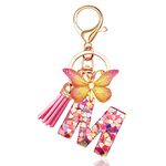 JINGUAZI Initial letter Keychains for Women Tassel Butterfly Pink Purple Cute Car Keychain for Wallet Backpack bag charm, M-pink, Keychains