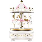 WEofferwhatYOUwant Carousel Music Box - Easy Twist, White - 4 Horse Classic Decor, Melody Beethoven's Fur Elise. Fall Asleep to Music Lights or Decorate Your Cake