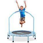 38'' Kids Trampoline Mini Foldable Fitness Trampoline with Adjustable Handrail and Safety Padded Cover Exercise Foldable Bungee Rebounder Indoor Outdoor Use