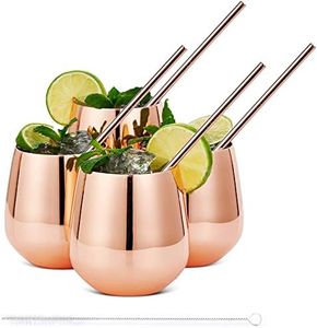 Oak & Steel - 4 Copas de Acero Inoxidable - Juego de Copas de Color Oro Rosa - Set Incluye Pajitas y Cepillo de Limpieza - Ideales para Cocktail