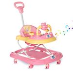 Mee Mee Baby Activity Walker for 6-18 Months Baby | 3 Level Adjustable Height,360° Wheels with Detachable Musical Toy Bar | Parental Push Handle,Anti-Rollover Folding Walker for Kids Upto 15kg (Pink)