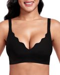 Vinfact Women's Bras Plunge V Floral Non Wired Bra Wireless Push up Bra Padded Comfort Everyday Bra Black L